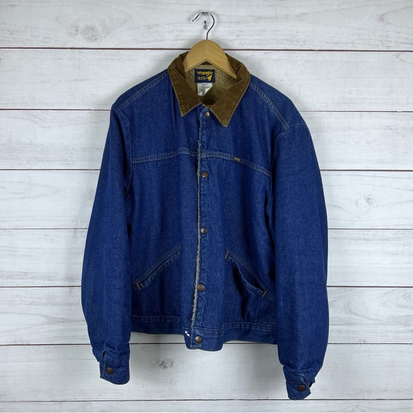 Vintage 1970s Wrangler Sherpa Lined Corduroy Collar Denim Jacket Size 46